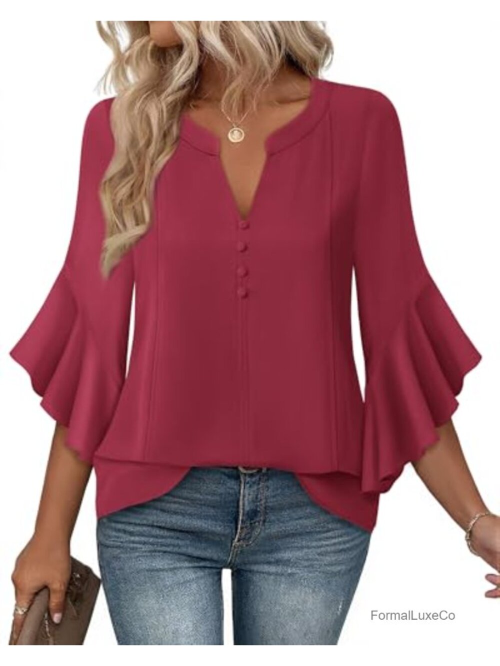 Womens Ruffle 3/4 Sleeve V Neck Chiffon Henley Blouse